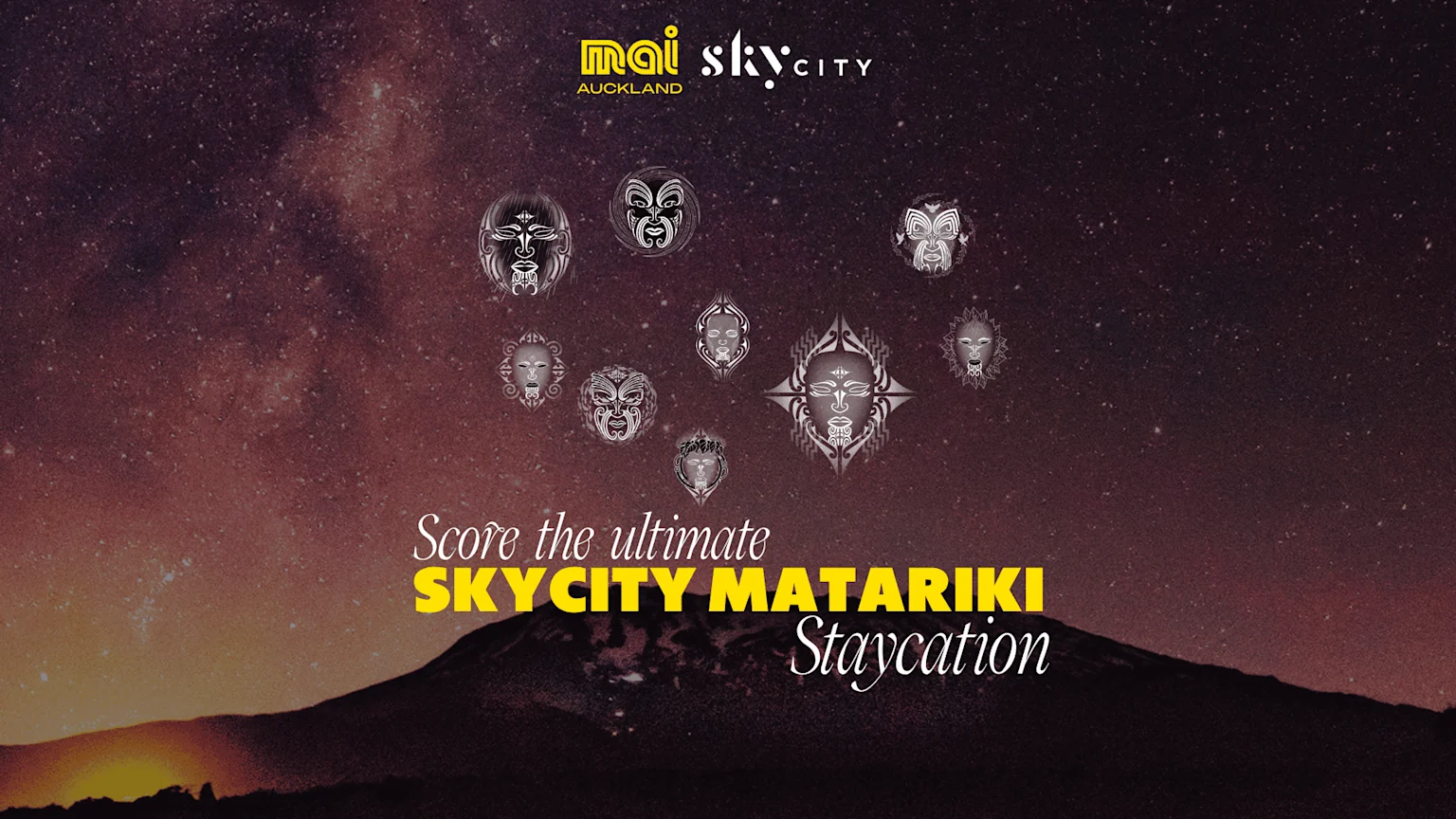 A dense, starry night sky above a mountain silhouette with a golden glow on the horizon, showcasing eleven white traditional Māori mask designs and Mai SkyCity Matariki Staycation text.