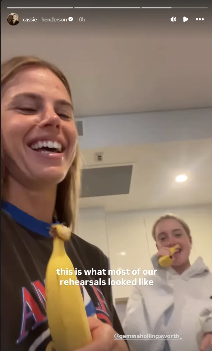 Cassie Henderson and teammate Gemma on 'The Voice AU' rehearsing with makeshift banana microphones.