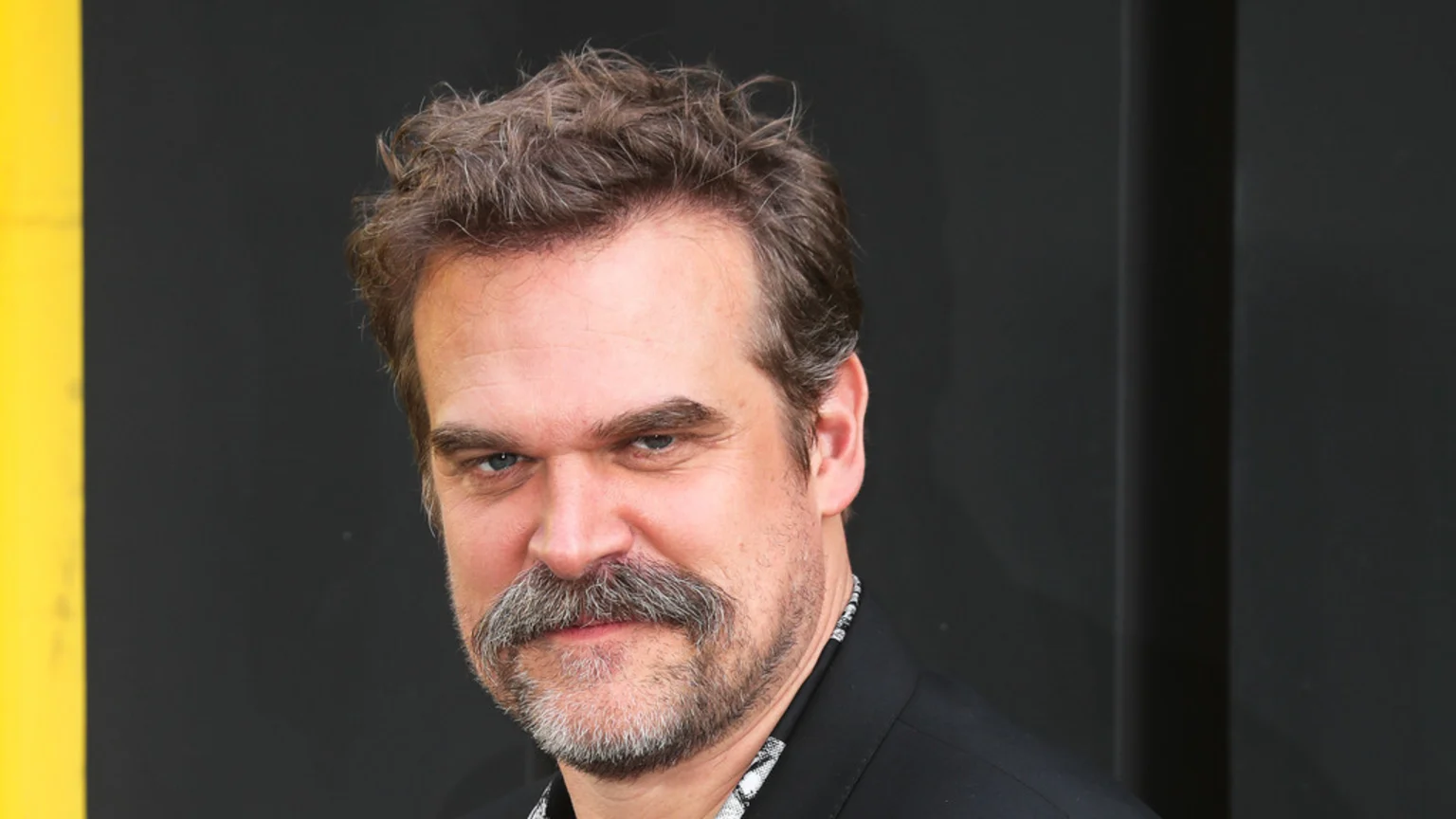 A close-up of actor David Harbour with curly brown hair, a mustache, and a beard, wearing a dark suit and patterned shirt, looking directly at the camera with a serious expression, against a dark background with a yellow stripe.