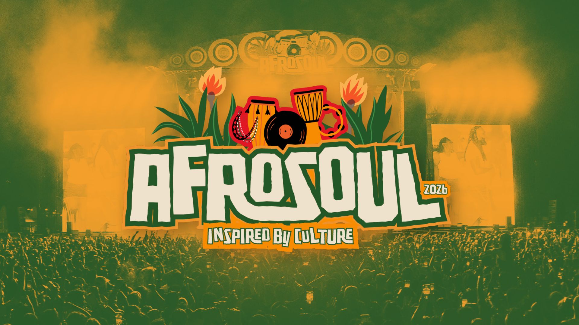 A vibrant banner for 'Afrosoul 2026 Inspired By Culture' with musical instruments and tropical plants, set against a blurred background of a concert stage and a large crowd.