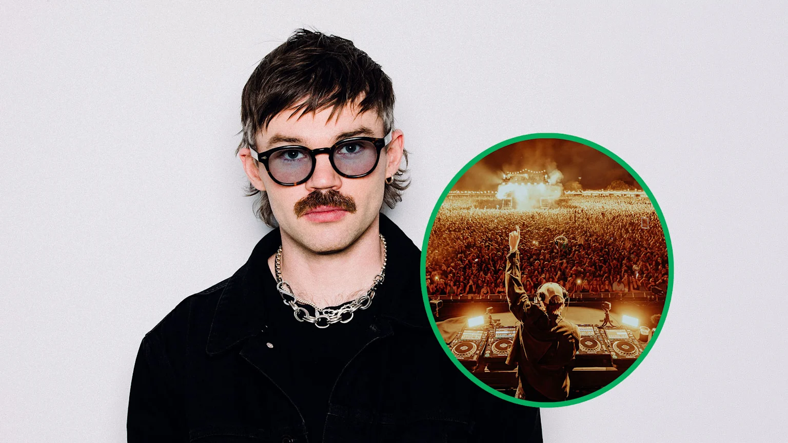 A man with a mustache, tinted glasses, and a chain necklace looks forward, with a circular inset showing a DJ performing to a large crowd at a nighttime outdoor festival.