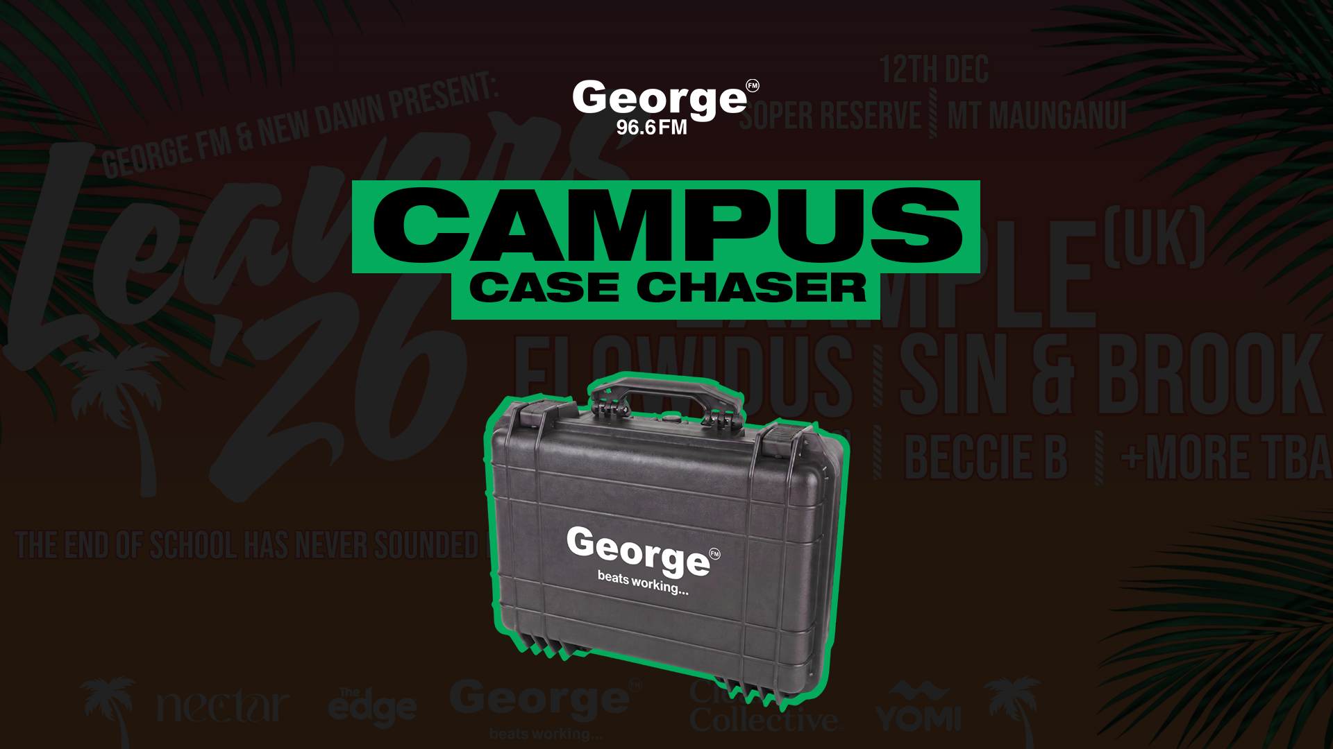 An event poster featuring "CAMPUS CASE CHASER" in a green banner, a black hard case with the "George" logo, and various event details and sponsor logos on a dark background with palm fronds.