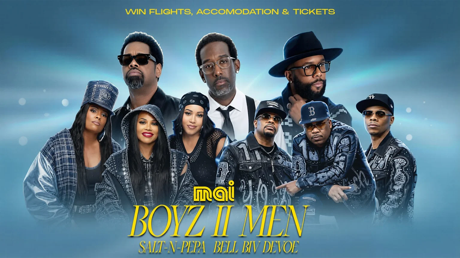 A concert poster featuring musical groups Boyz II Men, Salt-N-Pepa, and Bell Biv Devoe, with text about winning flights, accommodation, and tickets.