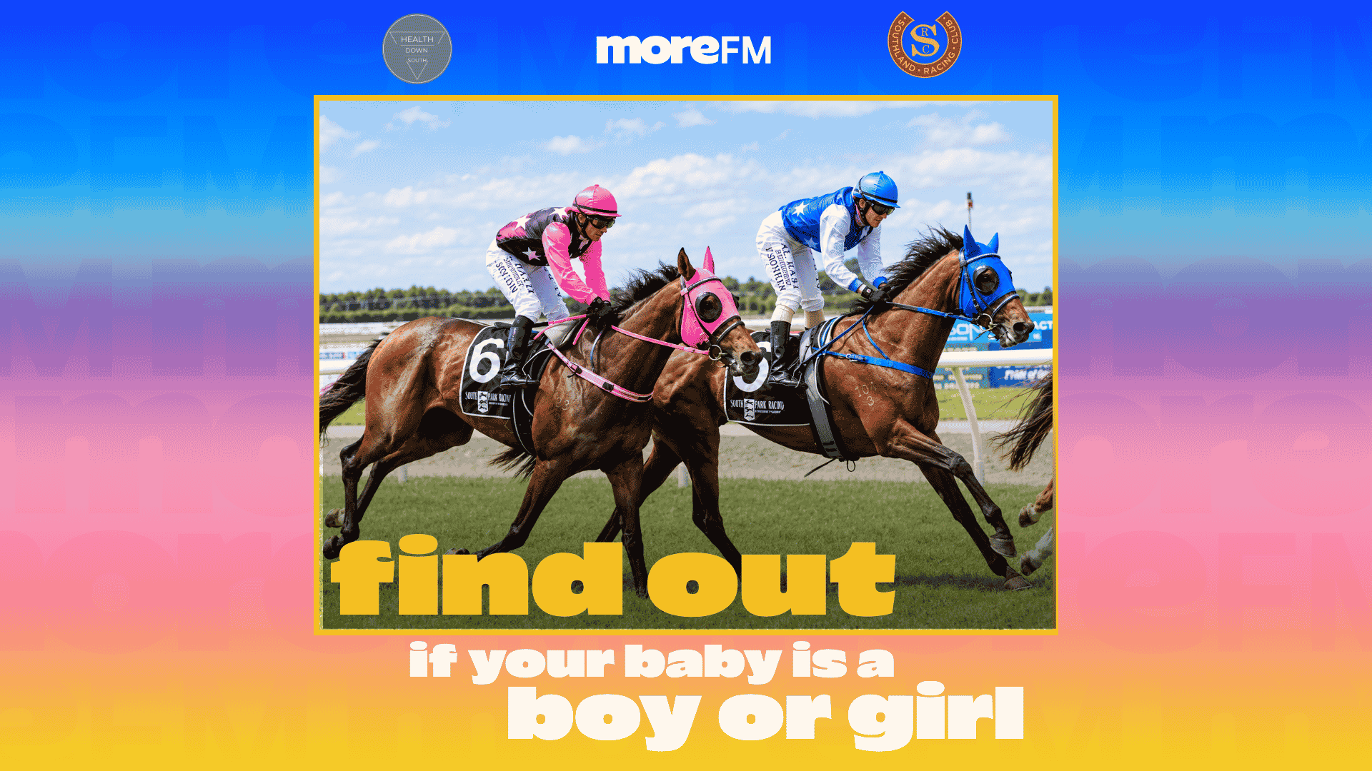 Two jockeys, one in pink and one in blue, race on horses on a track, framed over a blue to pink gradient background with logos and "find out if your baby is a boy or girl" text overlay.