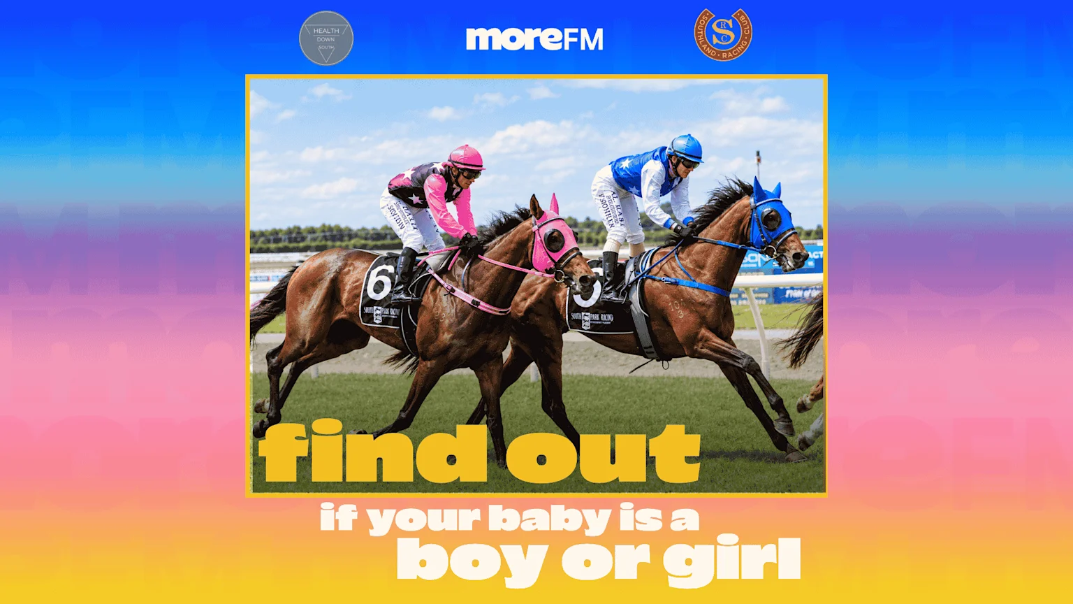 Two jockeys, one in pink and one in blue, race on horses on a track, framed over a blue to pink gradient background with logos and "find out if your baby is a boy or girl" text overlay.
