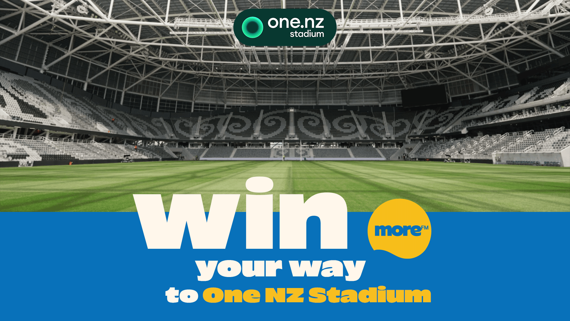 An empty stadium with a green field and patterned seating, featuring the "one.nz stadium" logo and text "Win your way to One NZ Stadium" and "more™."