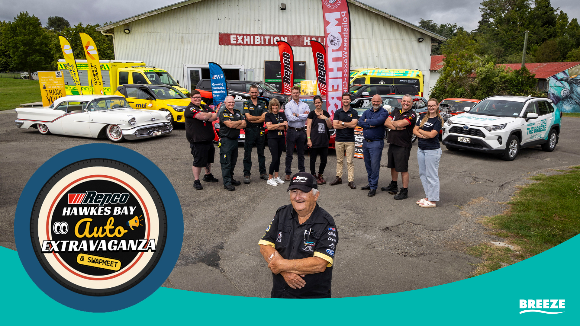 Repco Hawke's Bay team and the Breeze outside Repco store. The Breeze car, St John's Ambulance lined behind. "Hawke's Bay Repco Auto Extravaganza