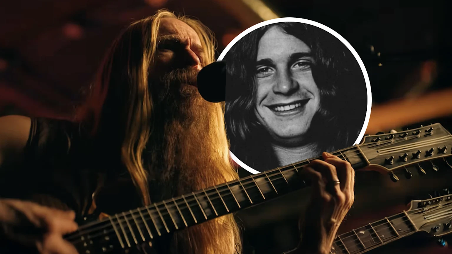 Musician playing guitar with inset photo