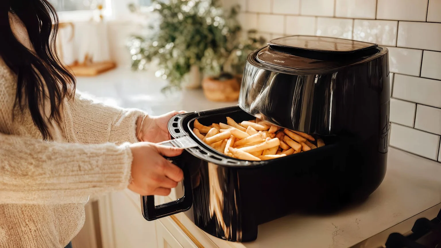 Person removing chips from air fryer