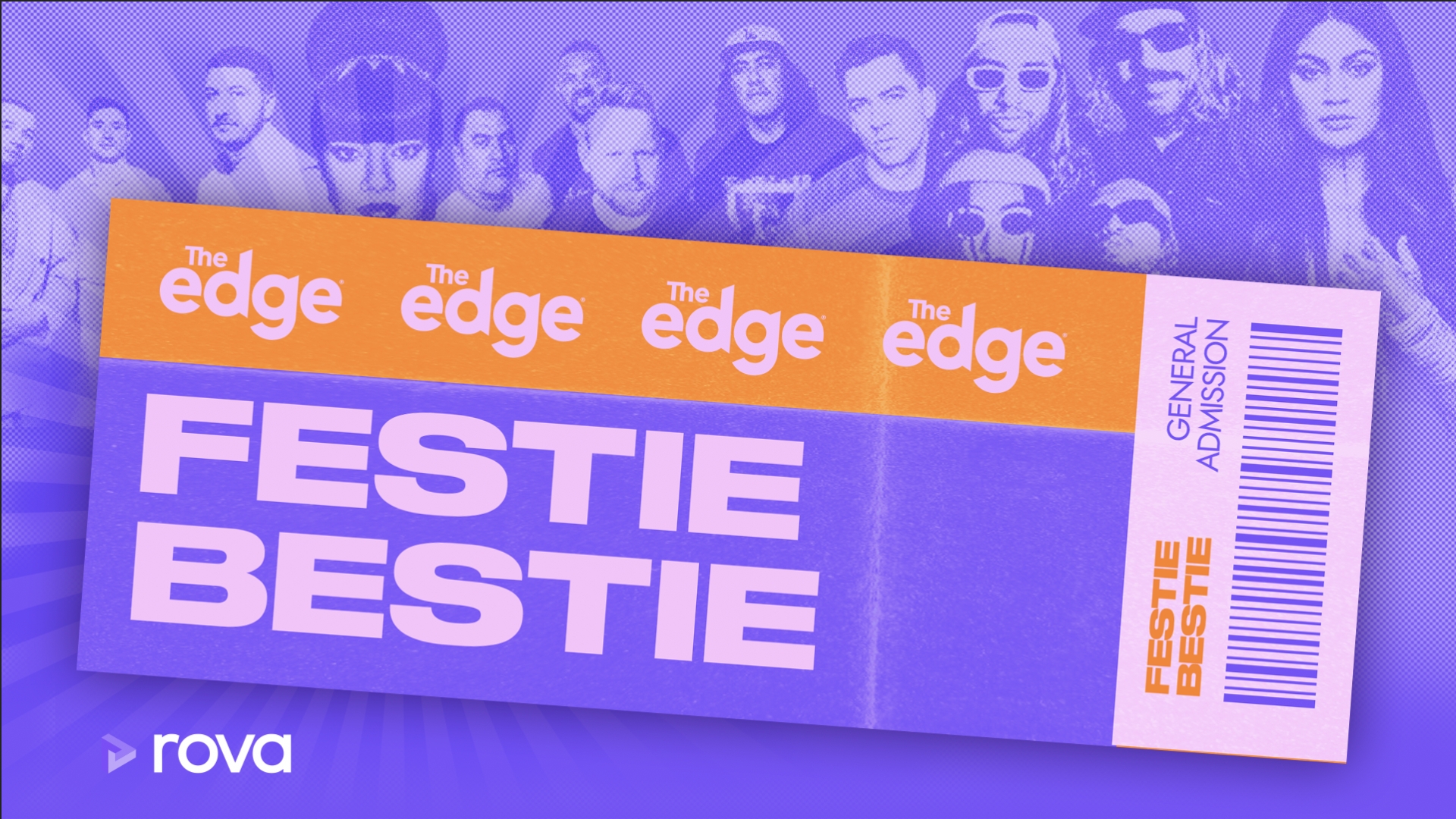 A purple and orange "The Edge Festie Bestie" general admission ticket with a barcode, overlapping a background of purple-tinted musicians, and a "rova" logo in the corner.