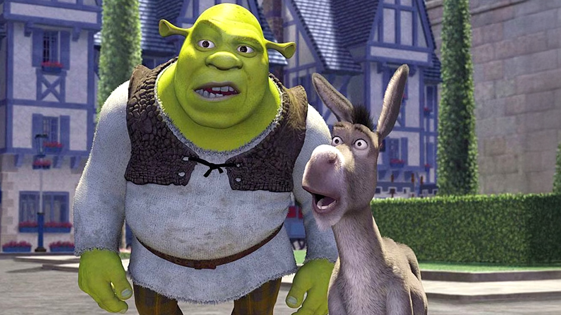 Shrek and Donkey looking confused.