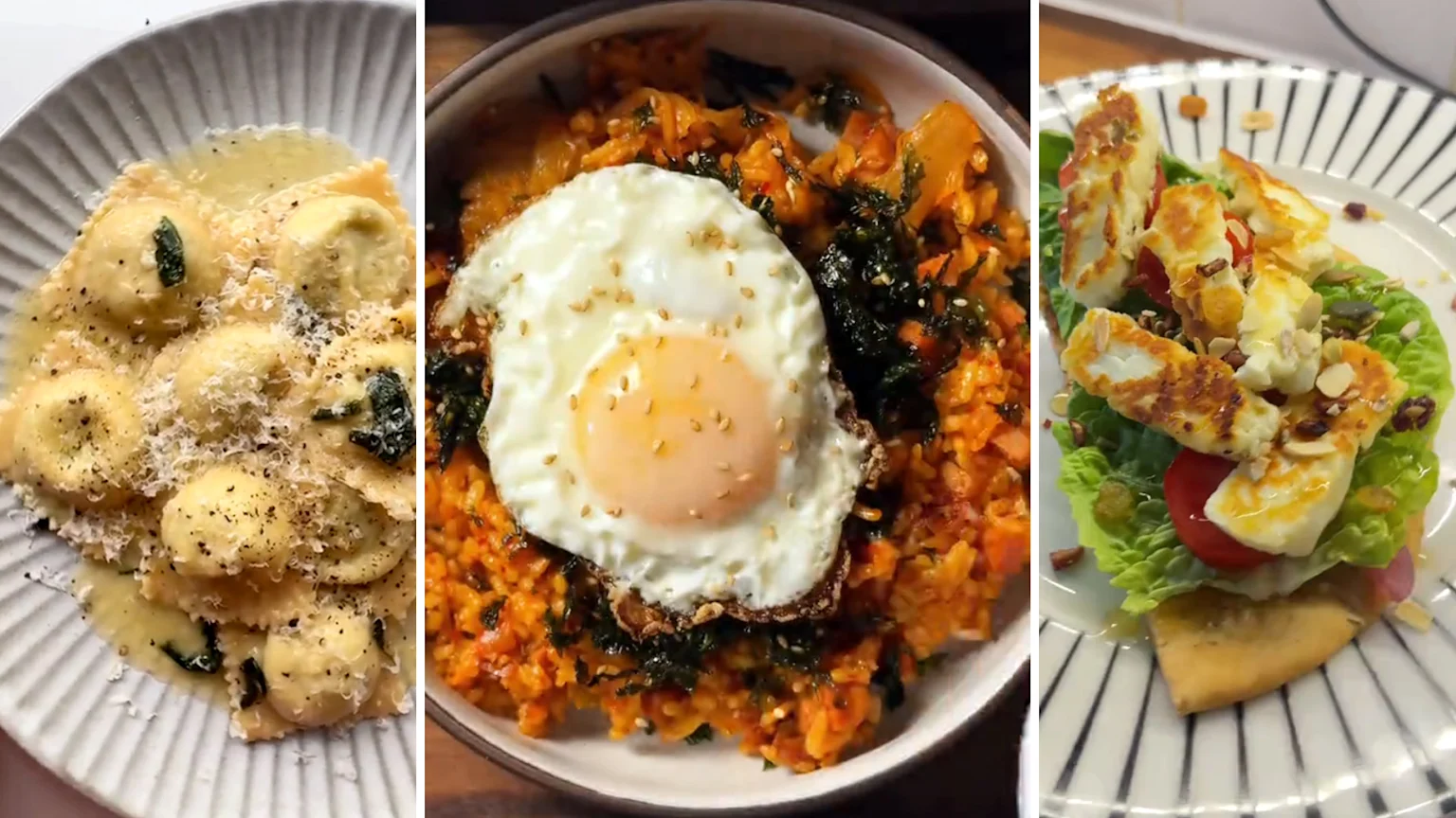 Three diverse meals are shown: cheesy ravioli with herbs, kimchi fried rice topped with a fried egg, and grilled halloumi with salad on a flatbread.