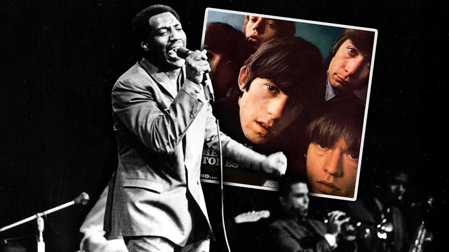 Otis Redding singing with a microphone on stage with image of Rolling Stones 'Out of Our Heads' album cover edited in behind him.
