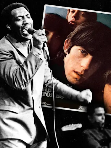 Otis Redding singing with a microphone on stage with image of Rolling Stones 'Out of Our Heads' album cover edited in behind him.