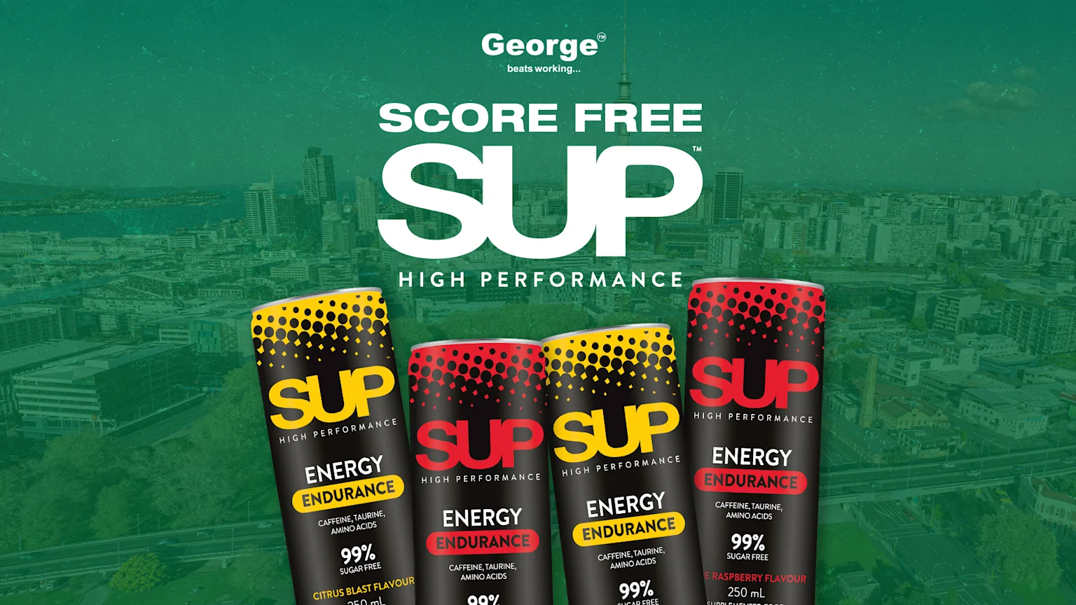 Background of Victoria's Park in Auckland with SUP Energy drink cans. "Score free SUP" with George FM and SUP Energy.