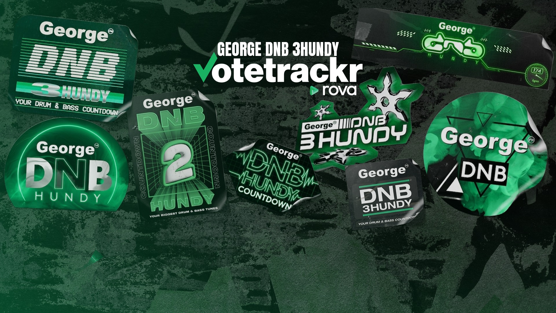 Stickers of previous George DNB Hundy countdowns on a wall