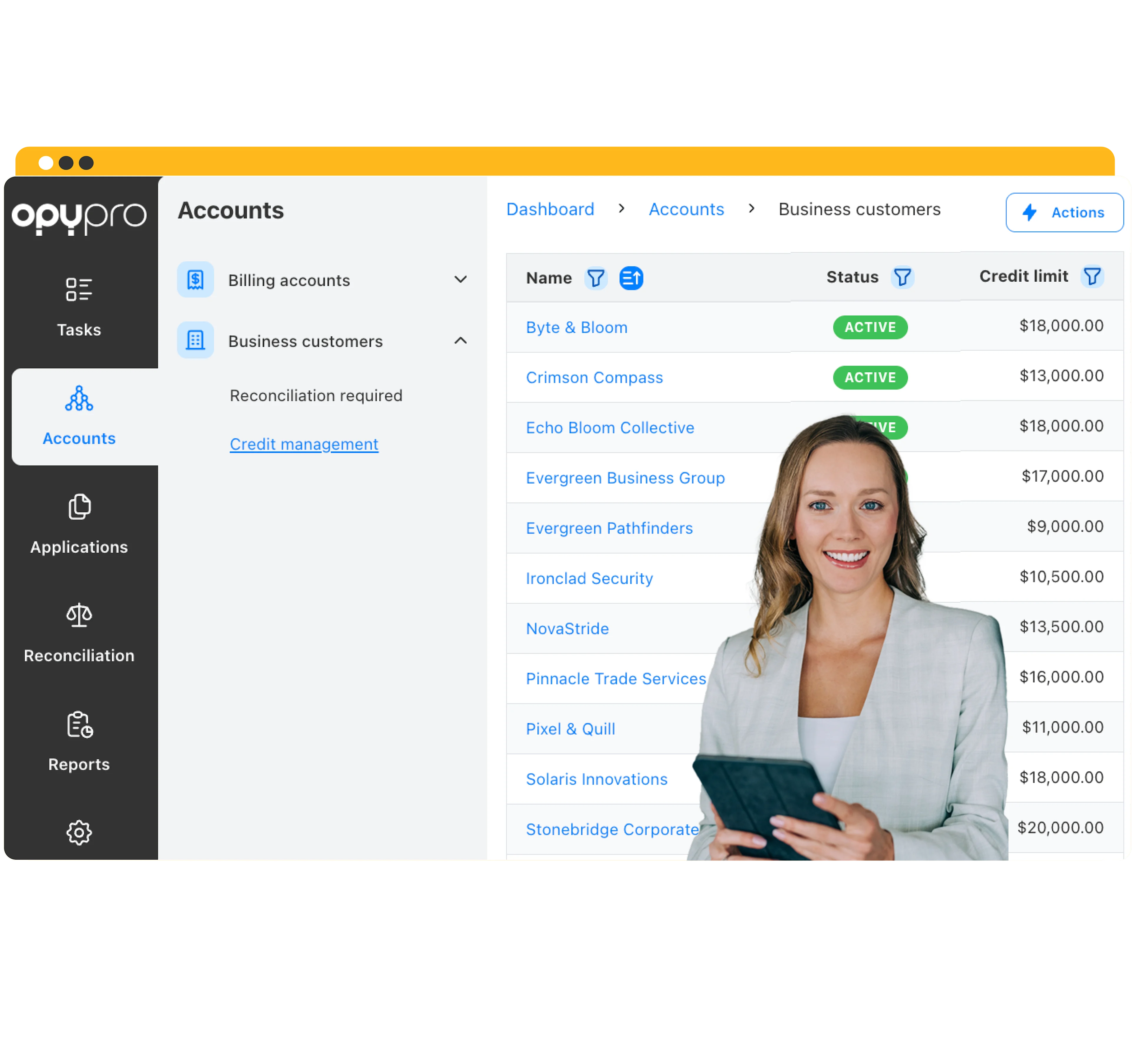 (4x) Illustration of opypro platform with woman in grey blazer in front