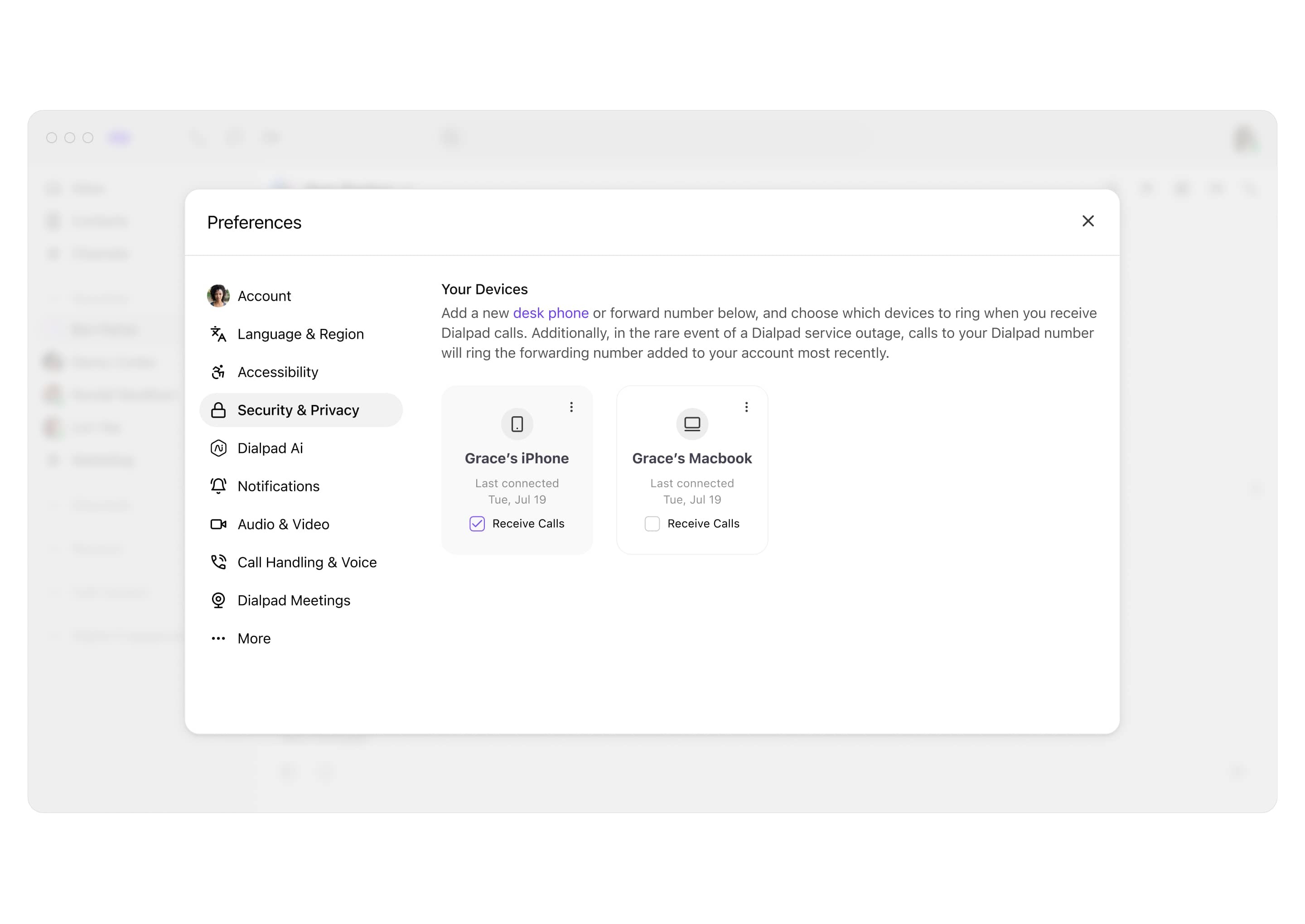 Screenshot of adding a call forwarding number from Dialpad’s online dashboard.