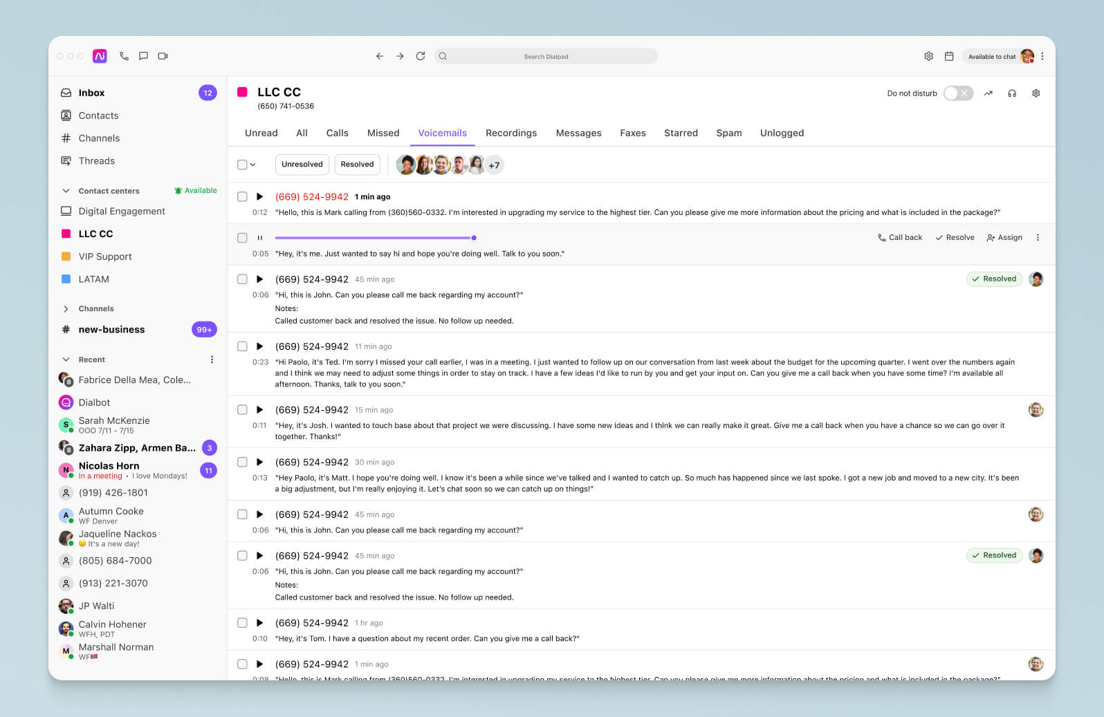 Screenshot of a list of voicemails in Dialpad-s app, showing caller IDs, times, and durations