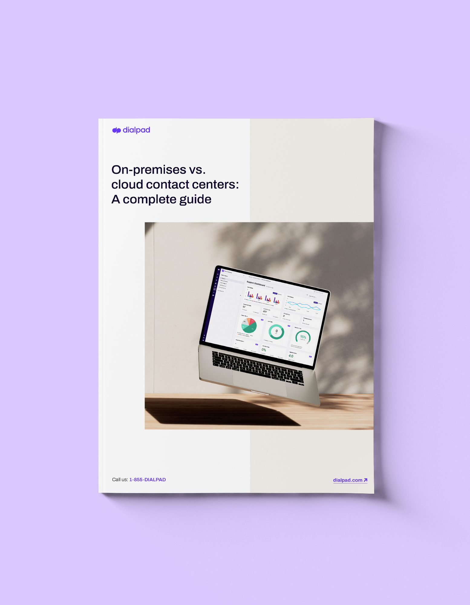 Mockup of a guide titled On-prem vs. Cloud Contact Centers: The Pros & Cons