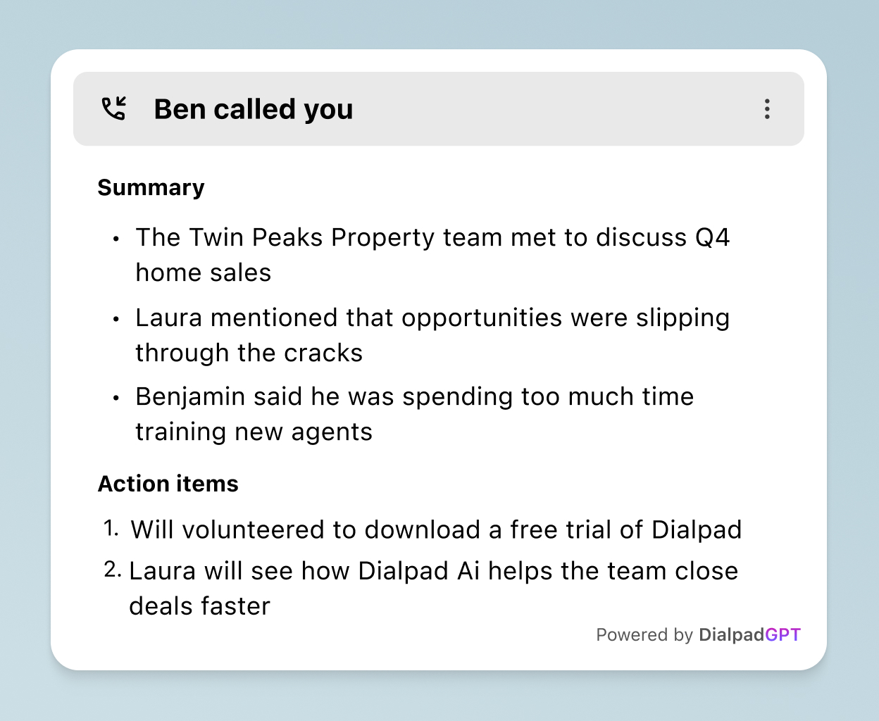 Dialpad's AI-powered post-call summary with transcript, recording, and action items.