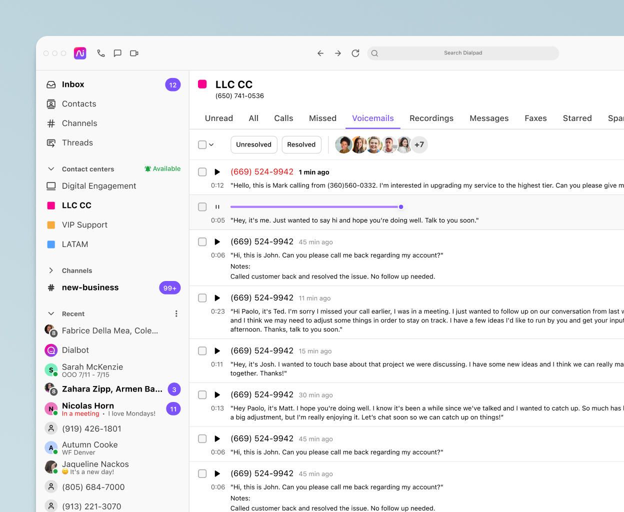 Screenshot of a list of recorded calls in Dialpad's app