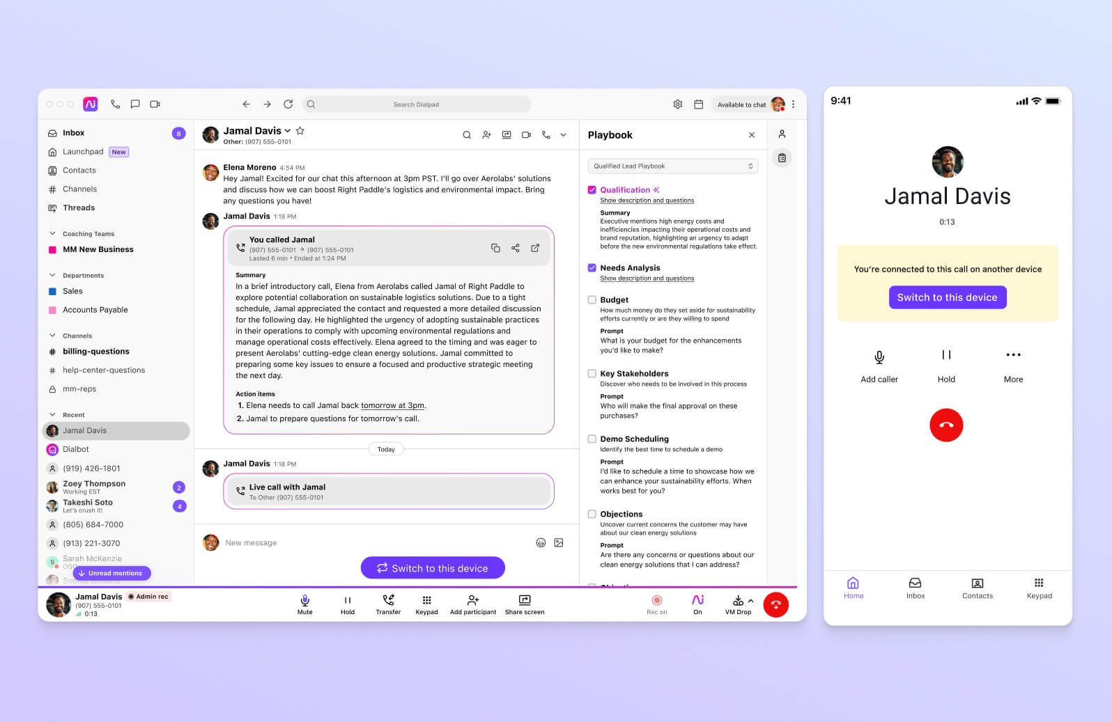 Screenshot of Dialpad Ai suggesting BANT sales playbook tasks for a rep in real time