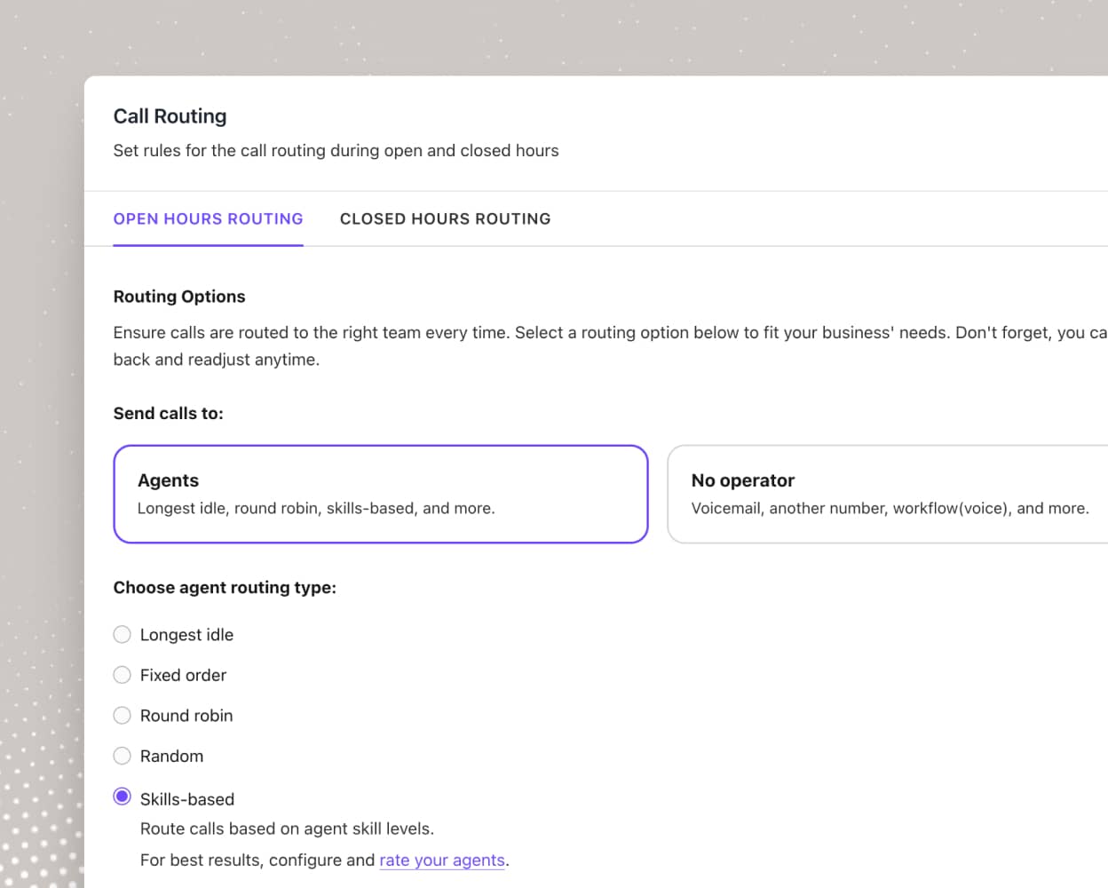 Screenshot of Dialpad's call routing options