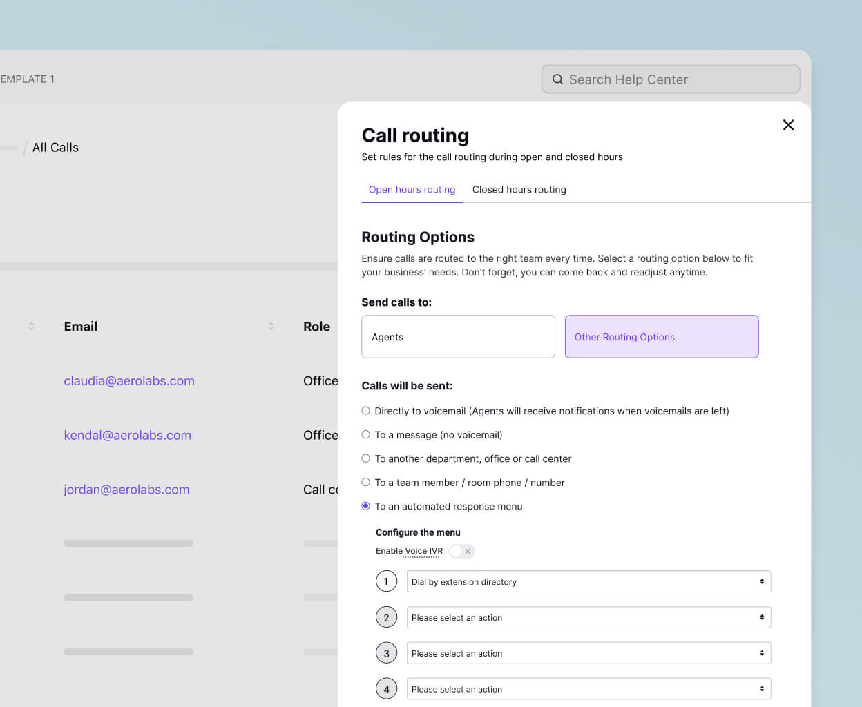 Screenshot of Dialpads call routing options