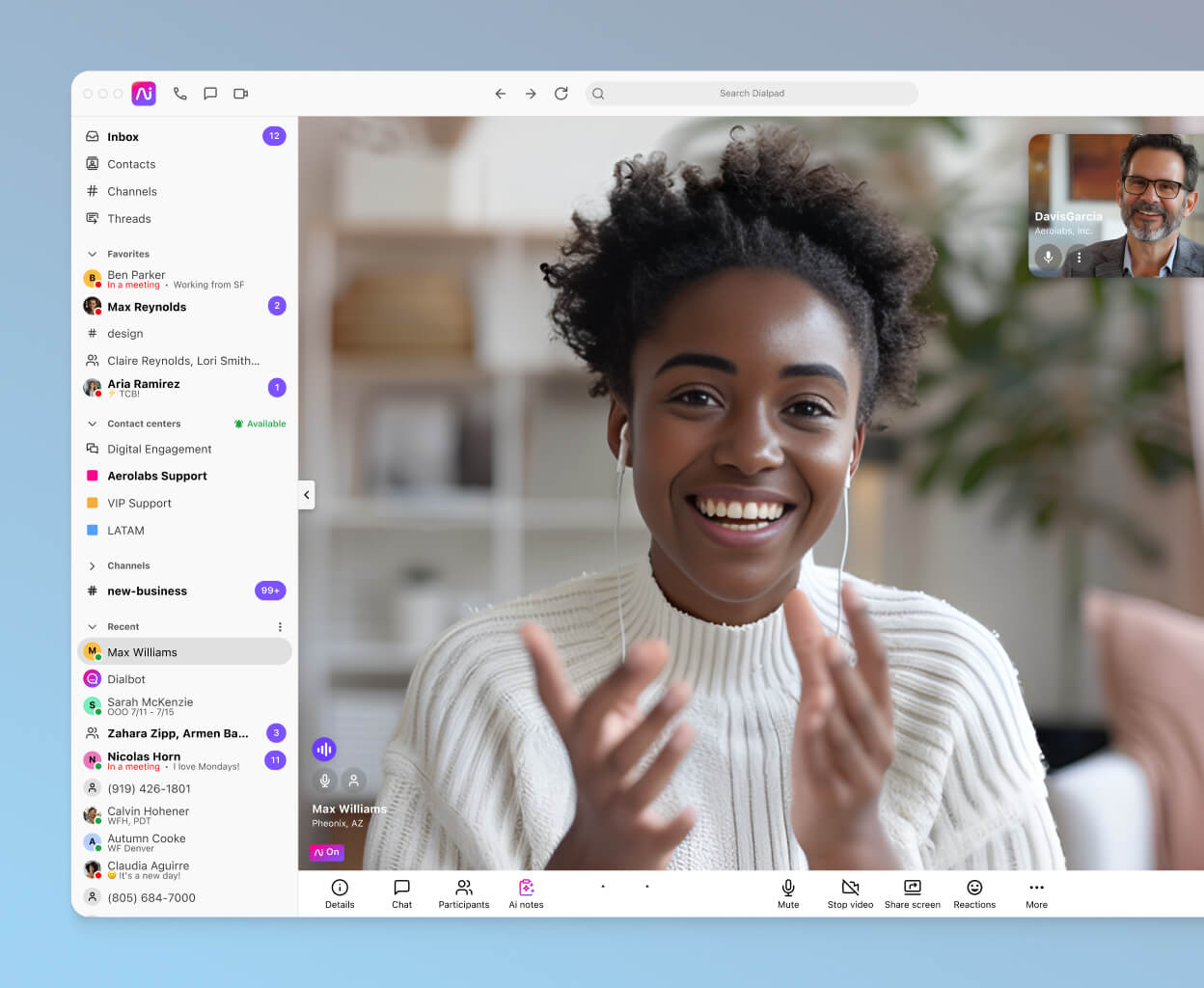 Screenshot of Dialpad's video conferencing interface displaying a video feed with two participants