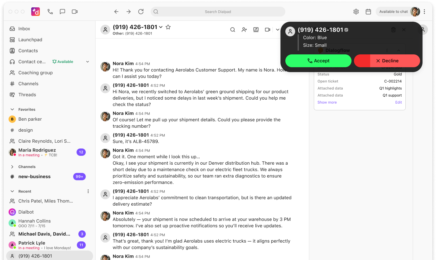 Google Conversational Agent -- Call UI in Dialpad