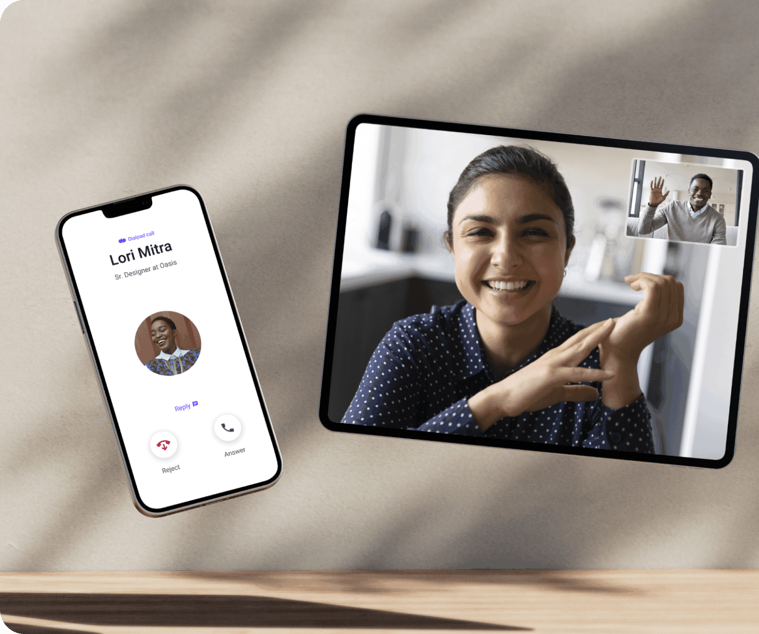 Screenshot of Dialpad's video conferencing interface displaying a video feed with two participants