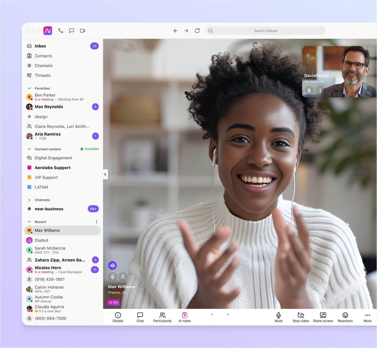 Screenshot of Dialpad's video conferencing interface displaying a video feed with two participants