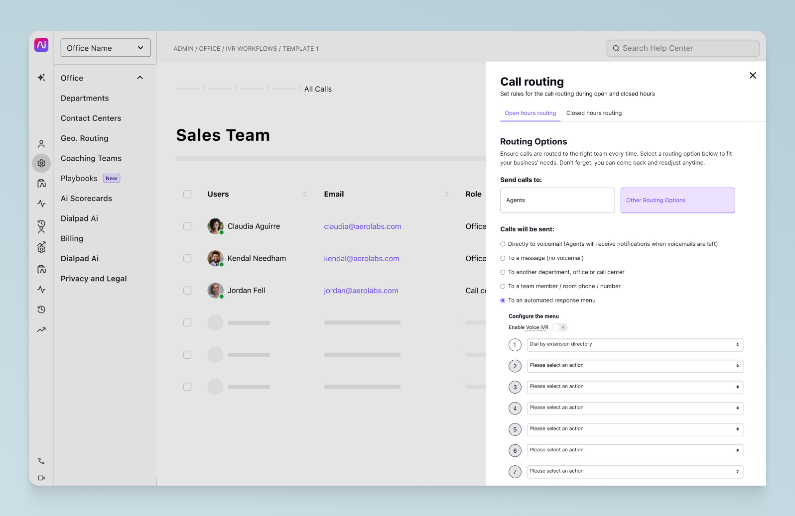 Screenshot of setting up IVR menu options in Dialpad