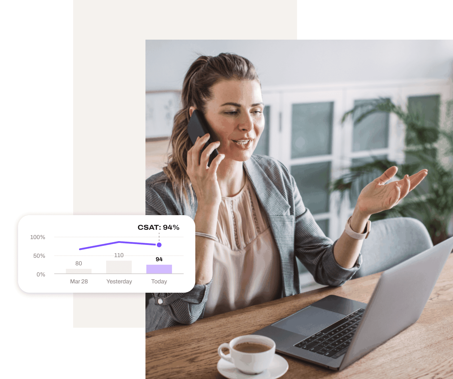A contact centre rep on a phone call with Dialpad's conversation intelligence user interface overlaid on top