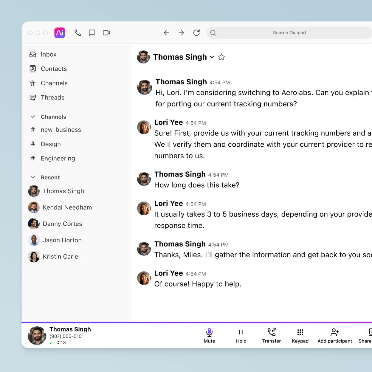 Screenshot of Dialpads direct messaging feature