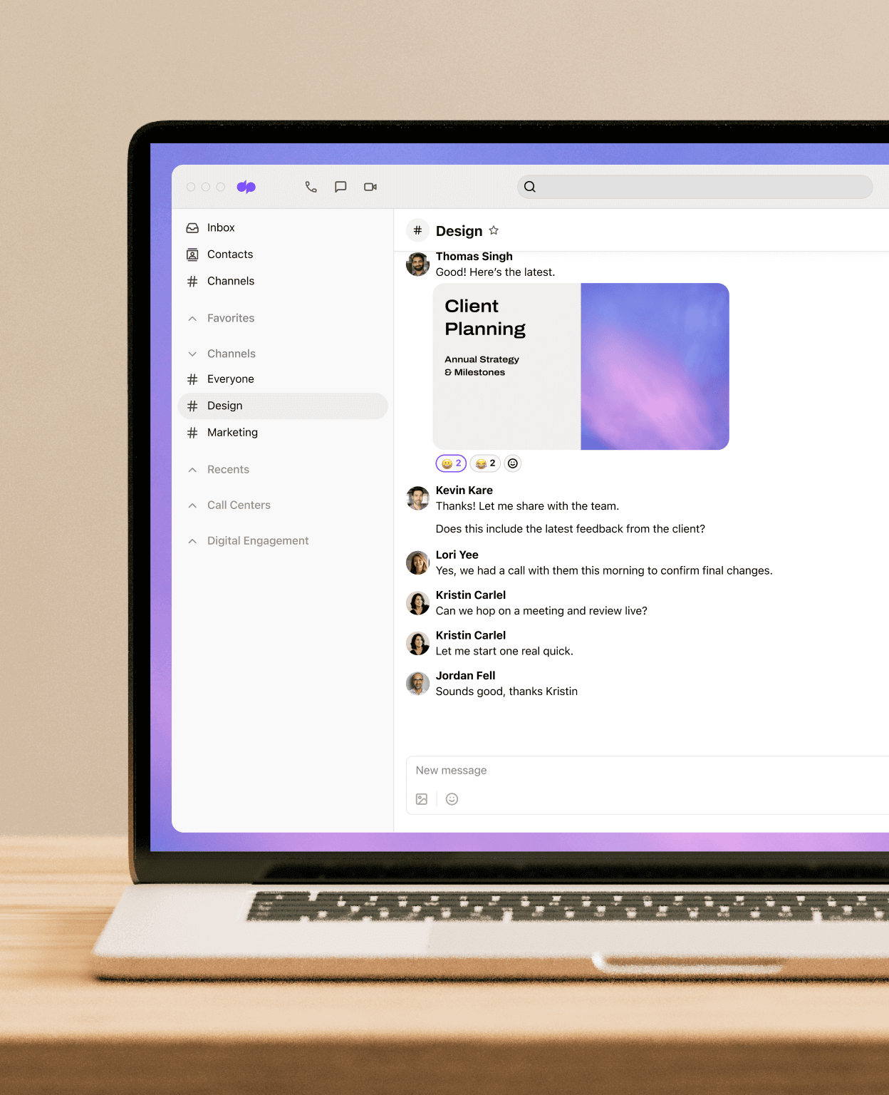 A computer showing a screenshot of Dialpads group messaging feature