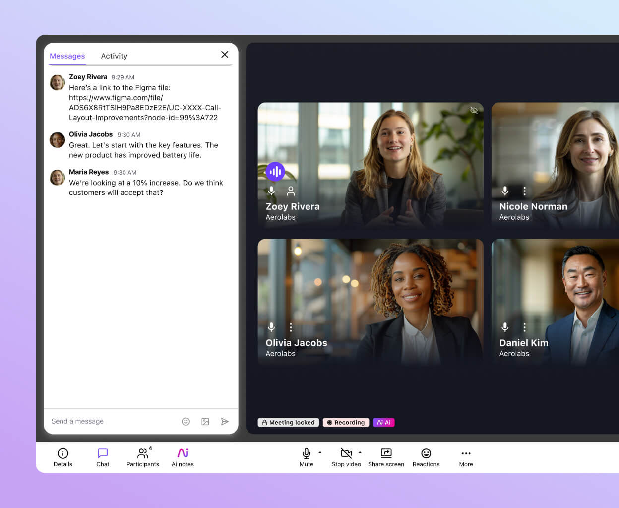 An in-meeting chat on a video call using Dialpad's communications platform.
