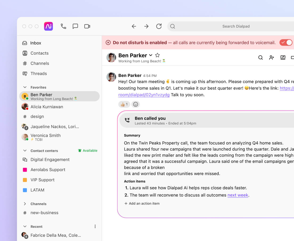 Screenshot of Dialpads do not disturb feature blocking a call