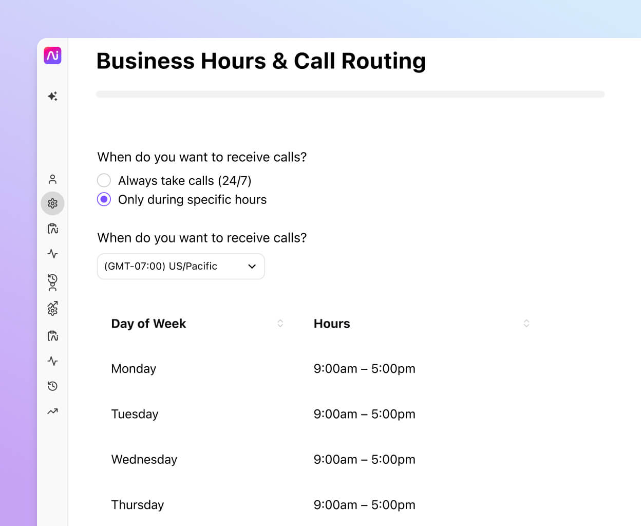 Screenshot of managing business lines and hours in Dialpad