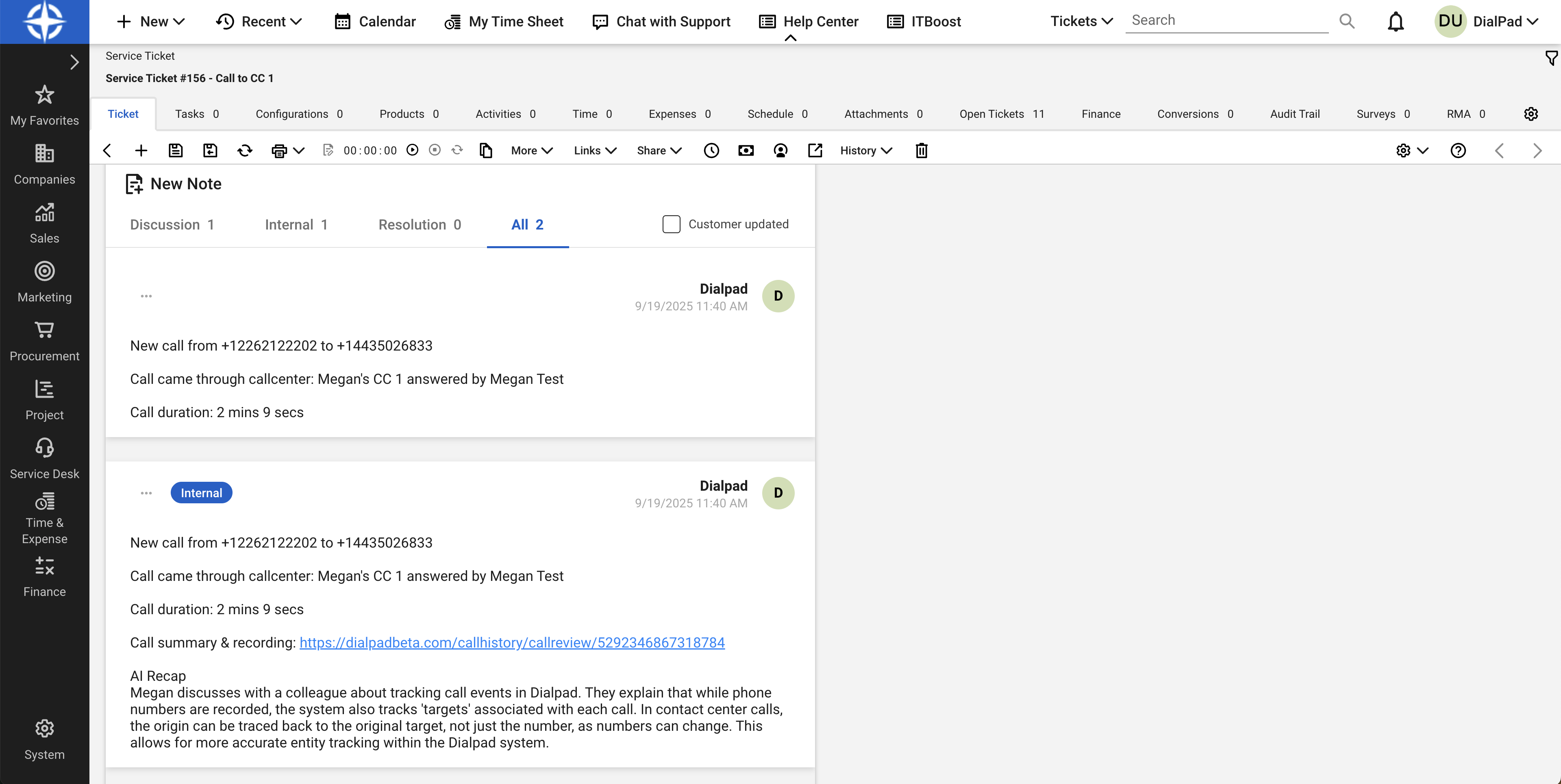 Call Log Example with AI Recap