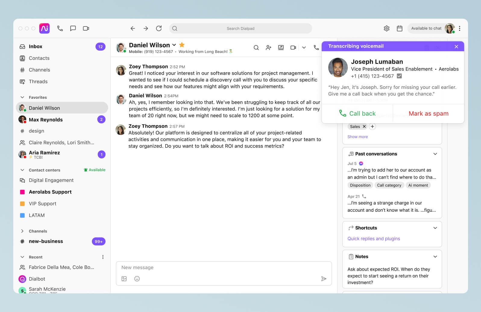Screenshot of Dialpads visual voicemail transcription feature