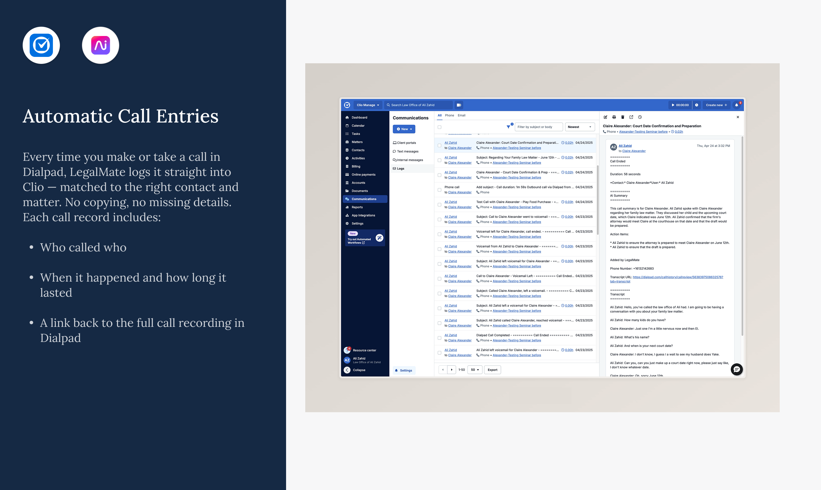 Automatic call entries - Dialpad Clio LegalMate