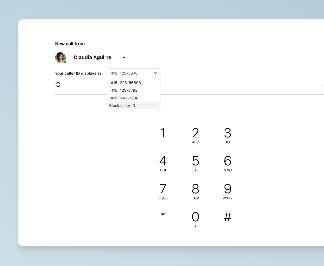 Choosing a caller ID to display when making a work call from one's personal cell phone using Dialpad's app.