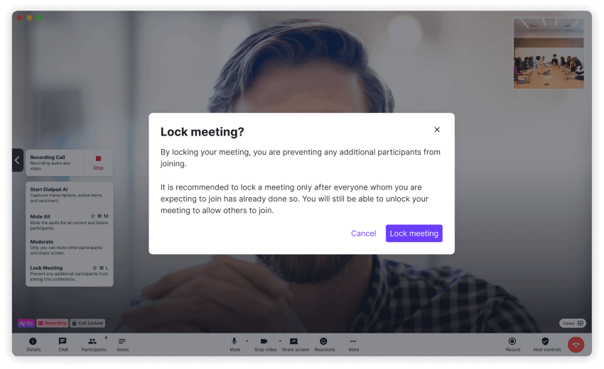 Screenshot that shows locking a video conference in Dialpad using the built-in security controls