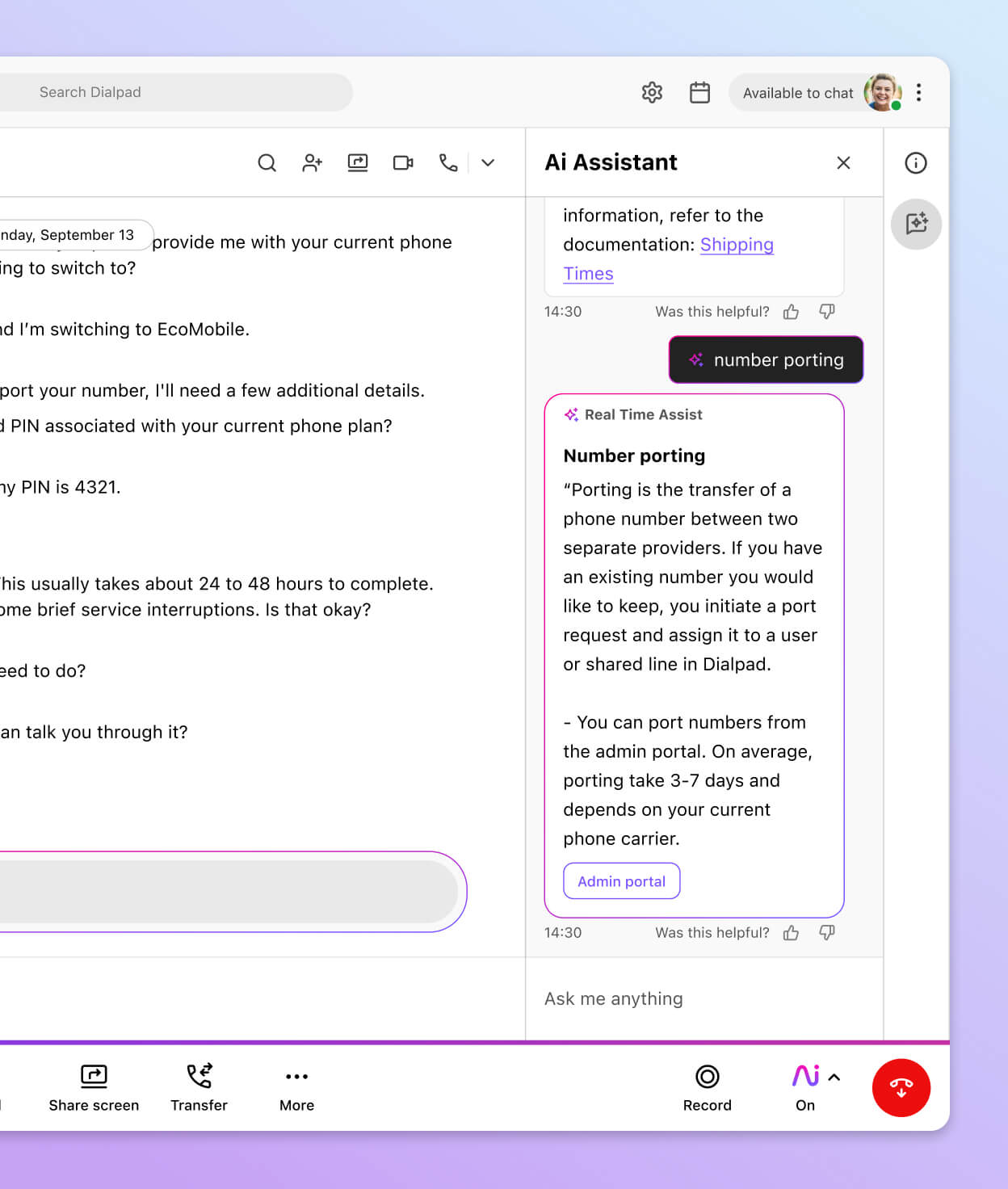 Screenshot of Dialpads real time assist card feature popping up helpful notes for an agent or rep when a tricky question comes up on a call