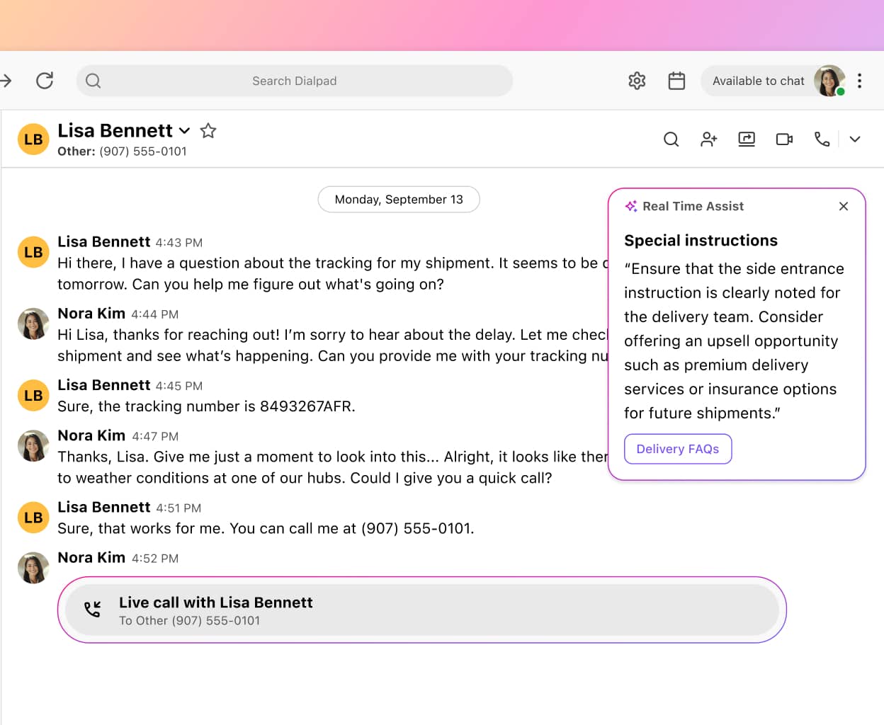 Screenshot of Dialpads AI Live Coaching Card feature popping up helpful notes for an agent or rep when a tricky question comes up on a call