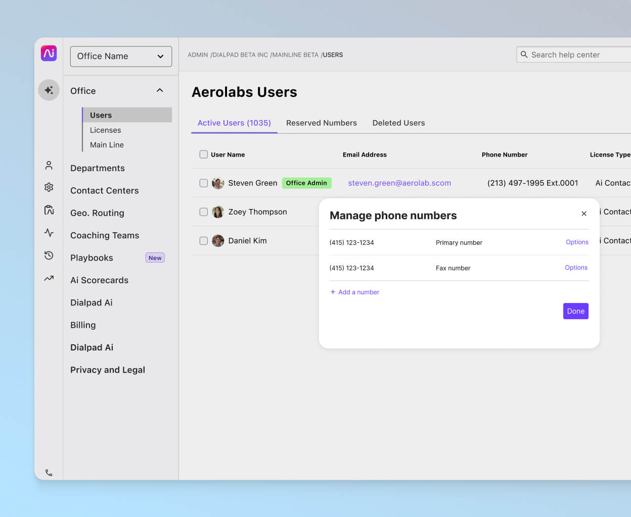 Screenshot of adding and managing phone numbers from Dialpad's online dashboard