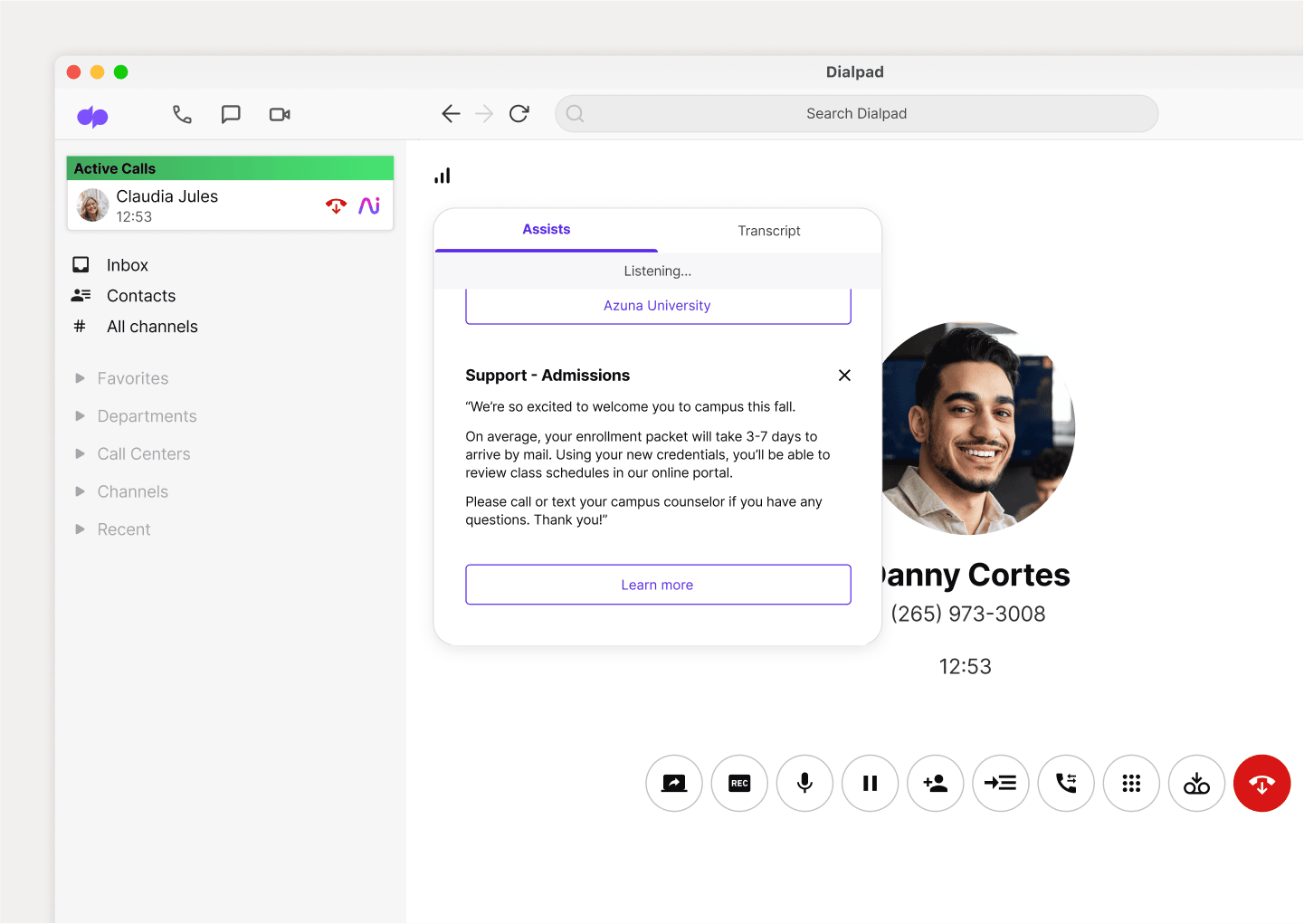 A Real-Time Assist card popping up on a Dialpad call