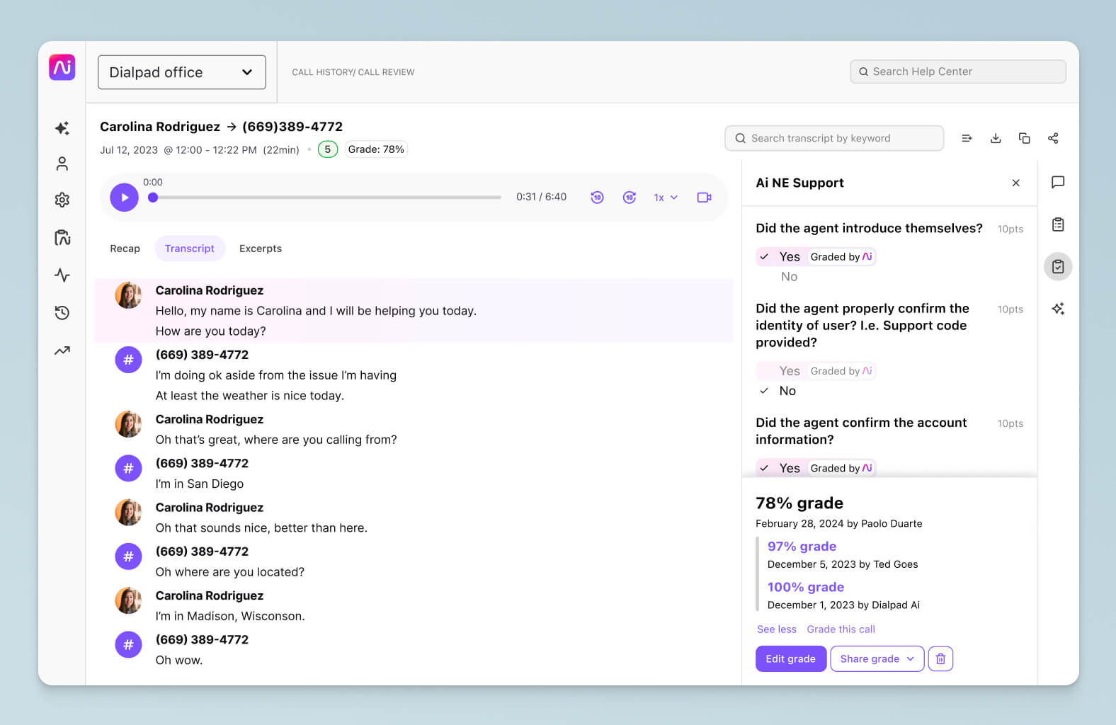 Screenshot of Dialpad Ai Scorecard showing which part of the call an agent met the criteria